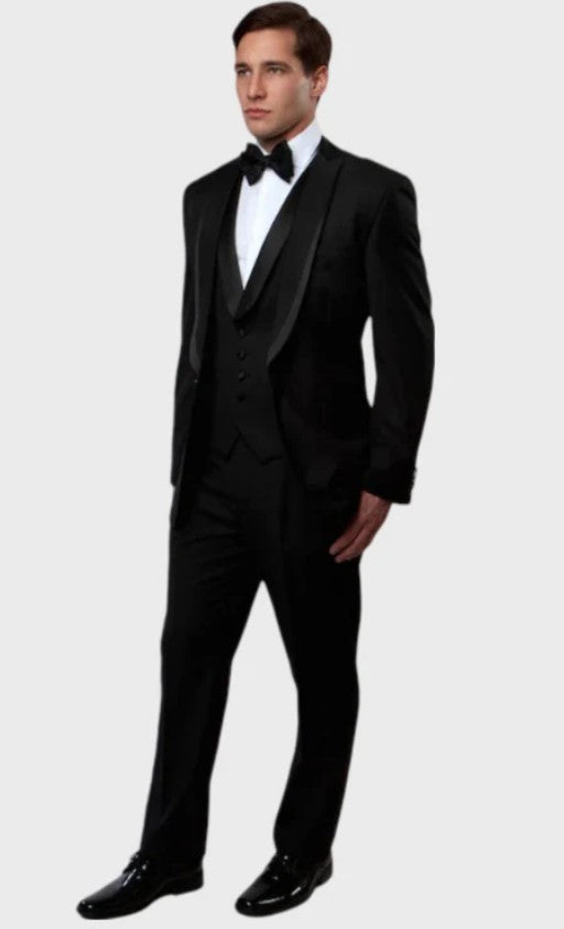 Big and Tall Tuxedo - Black 3 Piece Vested Flat Front Pants Shawl Lapel Tuxedos