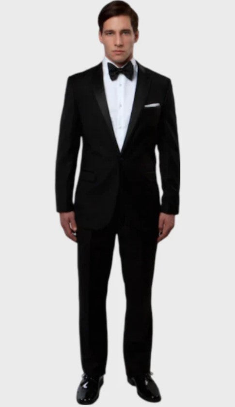 Big and Tall Tuxedo - Black 1 Button Satin Peak Lapel Tuxedo