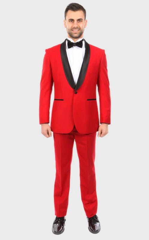 Big and Tall Tuxedo - Red 1 Button Shawl Lapel Full Lined Flat Front Pant Slim Fit Tuxedo