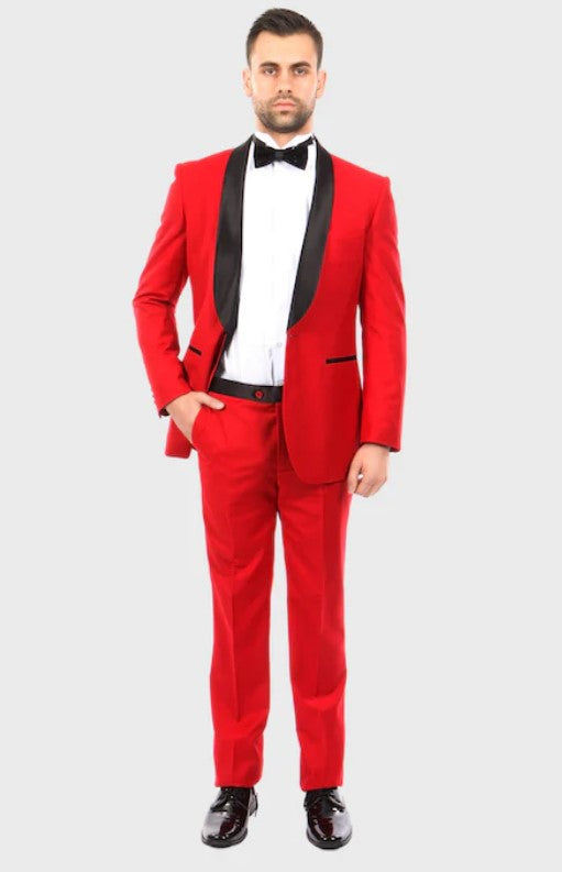 Big and Tall Tuxedo - Red 1 Button Shawl Lapel Full Lined Flat Front Pant Slim Fit Tuxedo