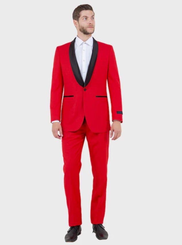 Big and Tall Tuxedo - Red 1 Button Shawl Lapel Full Lined Flat Front Pant Slim Fit Tuxedo