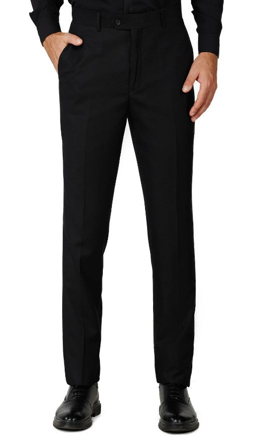 Mens Solid Black Single Breased Notched Lapel Suit Slim Fit Flat Front Pants