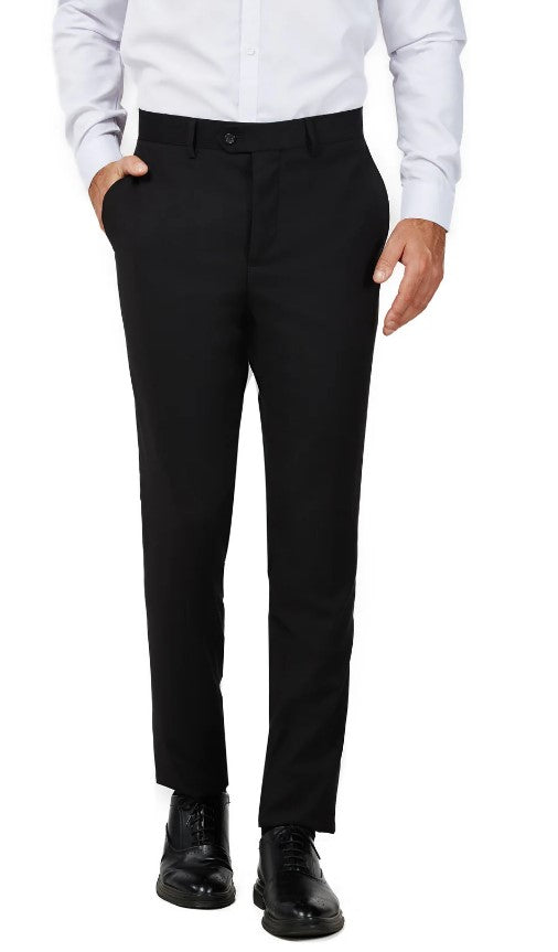 Mens Solid Black Single Breased Notched Lapel Suit Slim Fit Flat Front Pants