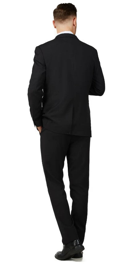 Mens Solid Black Single Breased Notched Lapel Suit Slim Fit Flat Front Pants