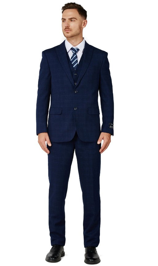 Mens Navy Checker Flat Front Pant Two Button Notched Lapel Suit Slim Fit