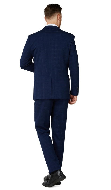 Mens Navy Checker Flat Front Pant Two Button Notched Lapel Suit Slim Fit