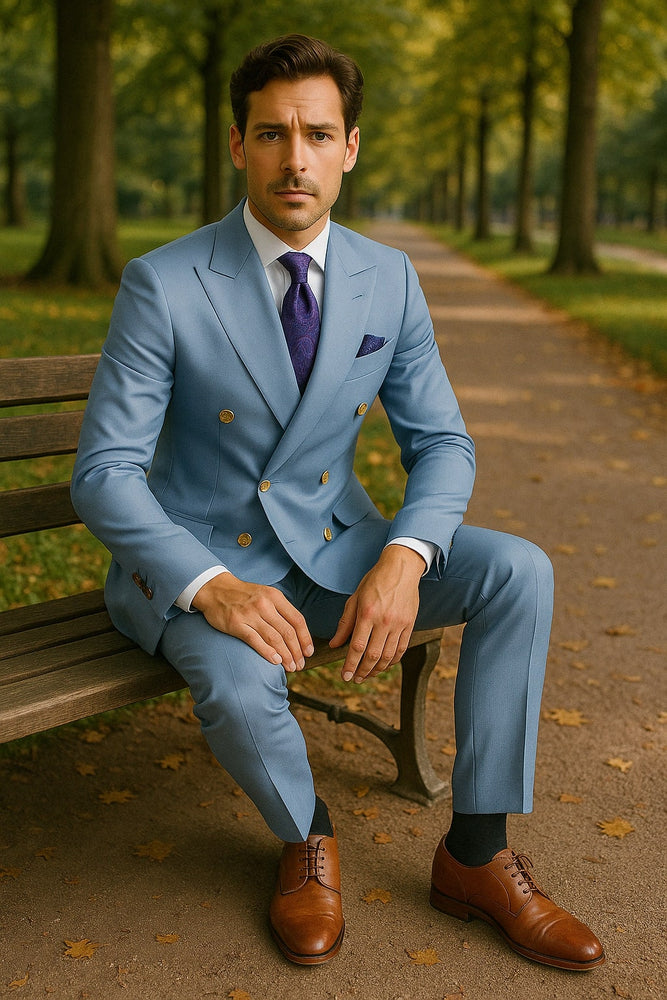 Mens Light Blue Double-Breasted Suit with Gold Buttons – Slim Fit 2-Piece Formal Set in Sky Blue Color
