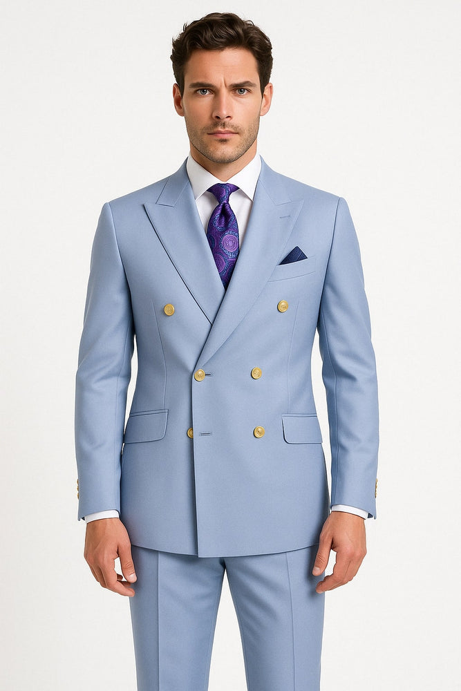 Mens Light Blue Double-Breasted Suit with Gold Buttons – Slim Fit 2-Piece Formal Set in Sky Blue Color