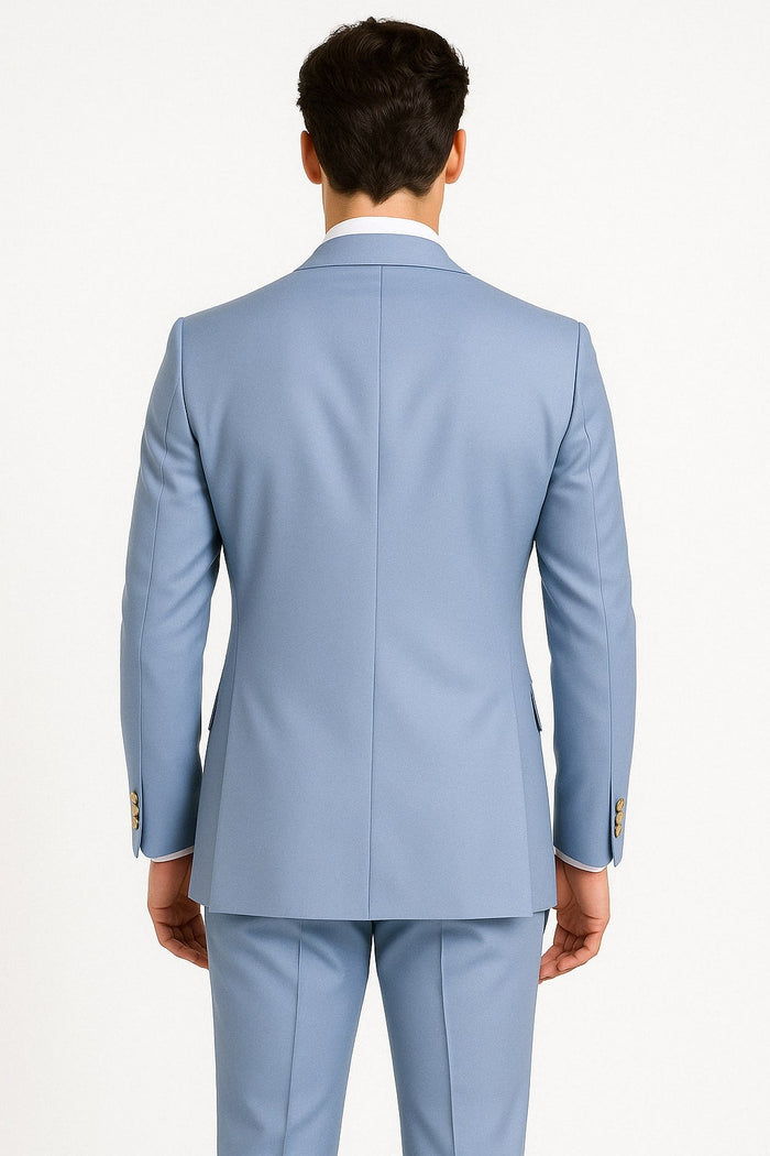 Mens Light Blue Double-Breasted Suit with Gold Buttons – Slim Fit 2-Piece Formal Set in Sky Blue Color