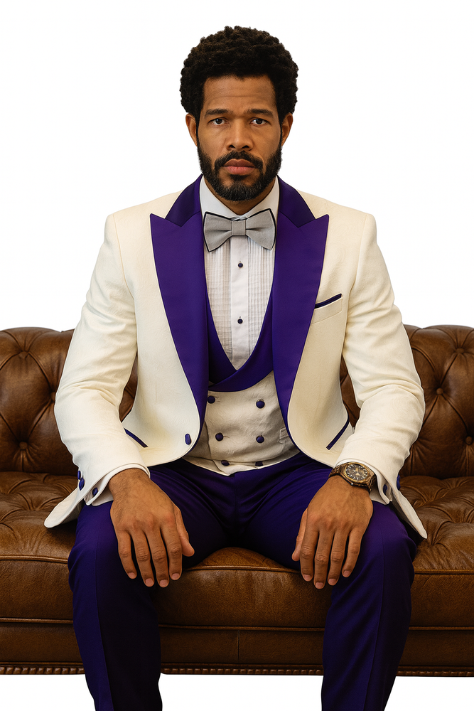 Hilton White and Purple Paisley Peak Lapel Tuxedo Jacket with Matching Shawl Vest and Wool Pants – Includes Bow Tie