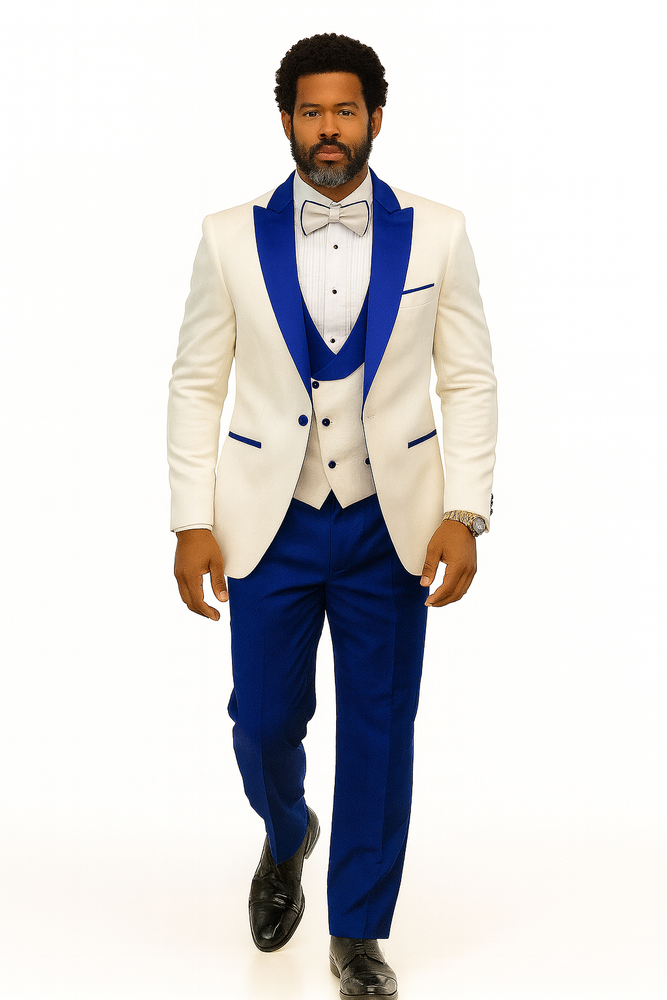 Hilton White and Royal Blue Paisley Peak Lapel Tuxedo Jacket with Matching Shawl Vest and Wool Pants – Includes Bow Tie