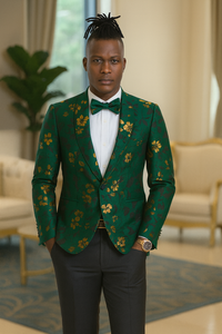Tailors 

Tazio Tailors Men's Slim Fit Paisley Foiled Blazer - Hunter Green & Gold for Prom & Weddings