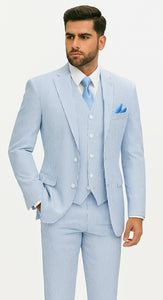 Fortino Landi Seersucker Summer Suit w/Vest - Blue 2-Btn