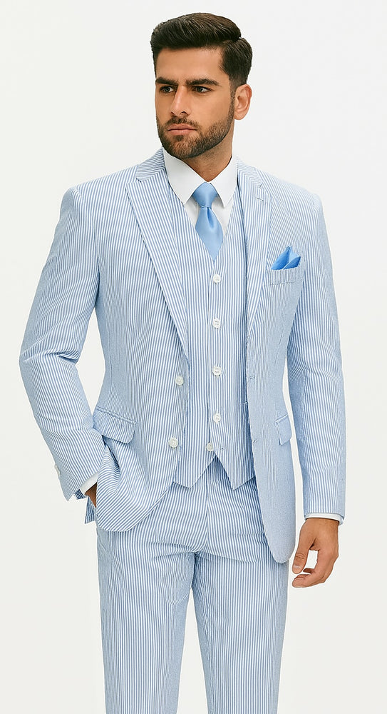 Fortino Landi Seersucker Summer Suit w/Vest - Blue 2-Btn