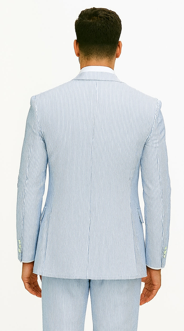Fortino Landi Seersucker Summer Suit w/Vest - Blue 2-Btn