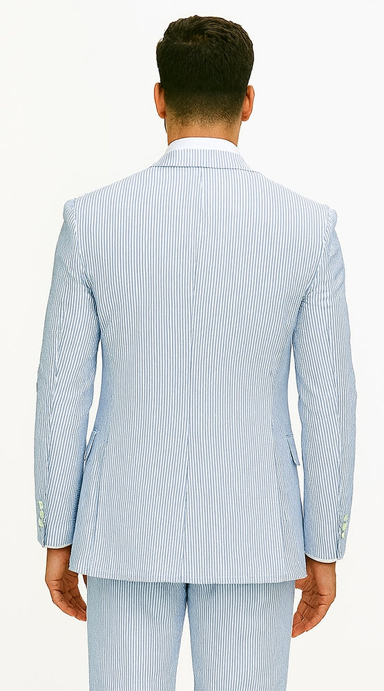 Fortino Landi Seersucker Summer Suit w/Vest - Blue 2-Btn