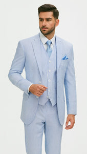 Fortino Landi Seersucker Summer Suit w/Vest - Blue 2-Btn