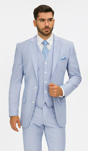 Fortino Landi Seersucker Summer Suit w/Vest - Blue 2-Btn