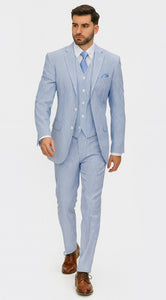 Fortino Landi Seersucker Summer Suit w/Vest - Blue 2-Btn