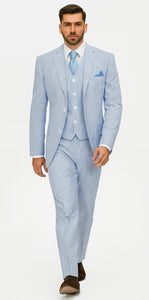 Fortino Landi Seersucker Summer Suit w/Vest - Blue 2-Btn