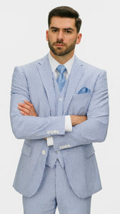Fortino Landi Seersucker Summer Suit w/Vest - Blue 2-Btn