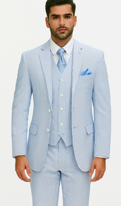 Fortino Landi Seersucker Summer Suit w/Vest - Blue 2-Btn