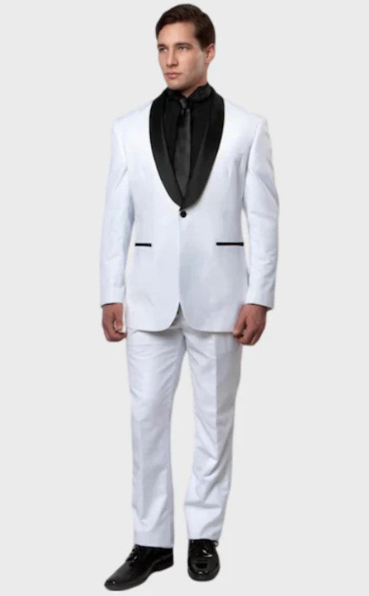 Big and Tall Tuxedo - White 1 Button Black Shawl Lapel Side Vent Slim Fit Tuxedo