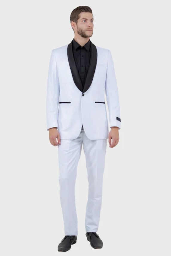 Big and Tall Tuxedo - White 1 Button Black Shawl Lapel Side Vent Slim Fit Tuxedo