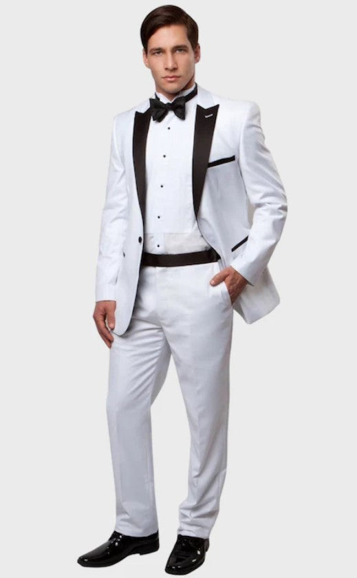 Big and Tall Tuxedo - Tuxedo Jacket and Pant Full Lined White 1 Button Black Peak Lapel Tuxedo