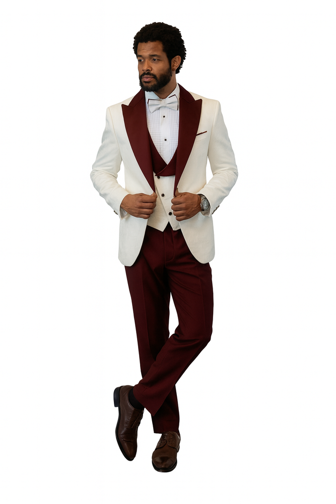 Hilton White and Burgundy Paisley Peak Lapel Tuxedo Jacket with Matching Shawl Vest and Wool Pants – Includes Bow Tie