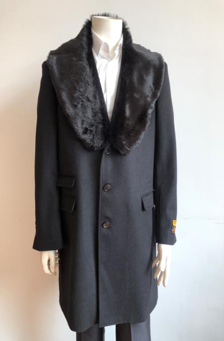 Men's Black Fur Collar Two Flap Front Pockets Full Length Men's Carcoat - Car Coat Mid Length Three Quarter Length Coat