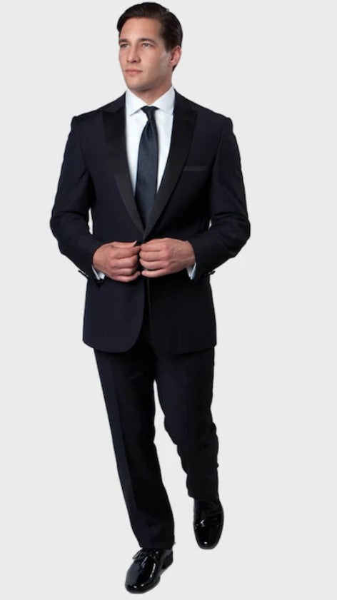 Big and Tall Tuxedo - Full Lined Navy 1 Button Side Vent Satin Peak Lapel Tuxedo