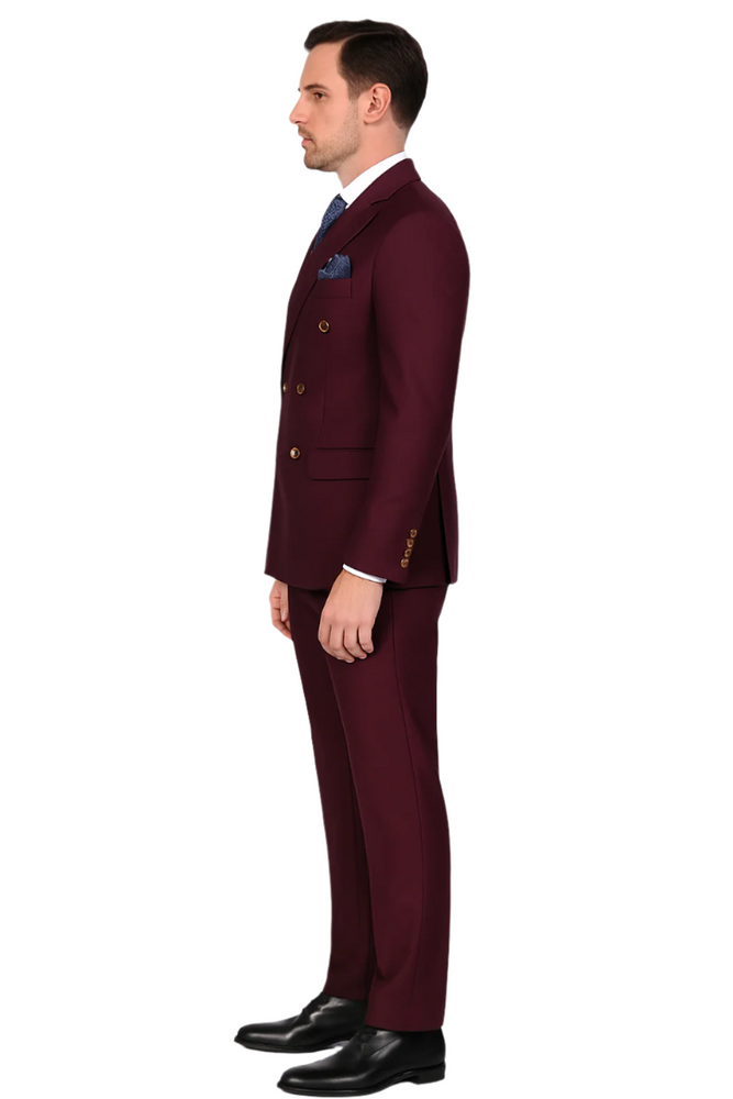 Mens Designer Modern Fit Double Breasted Wool Suit with Gold Buttons in Burgundy