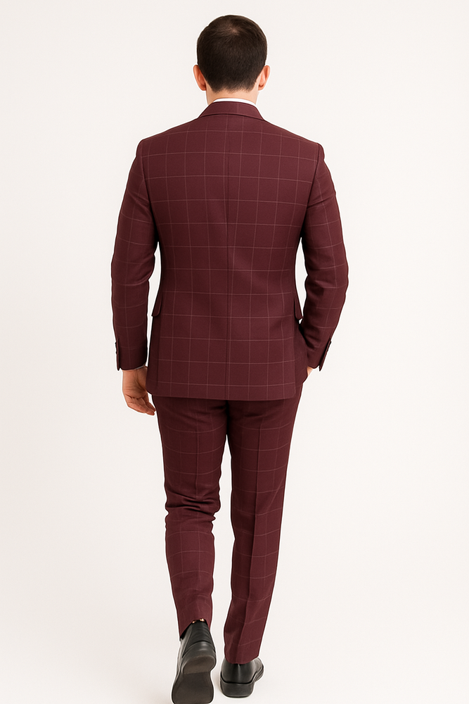 Naples Collection - Wine Modern Fit Double Breasted Windowpane Peak Lapel 2 Piece Suit