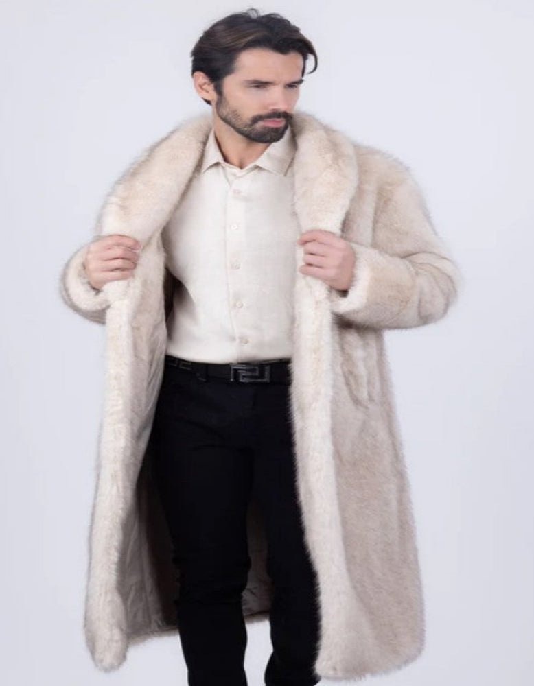 Mens Fur Long Coat Cream