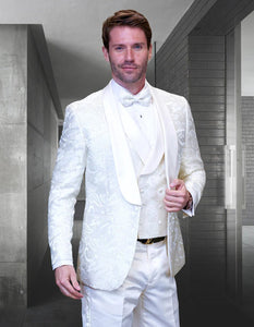 Statement Men's Off White Pattern Vested Tuxedo with Bowtie - Men's Tuxedo USA