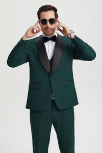 Green  Prom Tuxedo Suit -Green  Wedding Suit - Men's Stacy Adams Vested One Button Shawl Lapel Designer Tuxedo