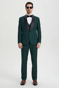 Green  Prom Tuxedo Suit -Green  Wedding Suit - Men's Stacy Adams Vested One Button Shawl Lapel Designer Tuxedo