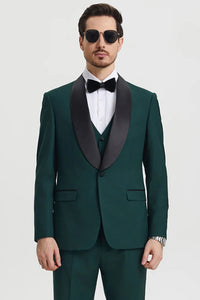 Green  Prom Tuxedo Suit -Green  Wedding Suit - Men's Stacy Adams Vested One Button Shawl Lapel Designer Tuxedo