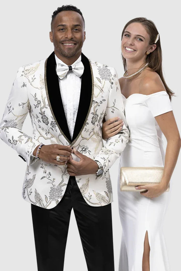 White /Black  Prom Tuxedo Suit - White /Black Wedding Suit - Mens One Button White & Gold Tree Pattern Wedding Tuxedo Dinner Jacket