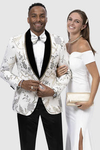 White /Black  Prom Tuxedo Suit - White /Black Wedding Suit - Mens One Button White & Gold Tree Pattern Wedding Tuxedo Dinner Jacket