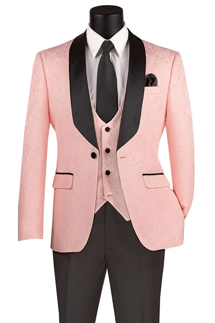 Pink  Prom Tuxedo Suit - Pink Wedding Suit - Men's Slim Fit Vested Paisley Wedding Tuxedo