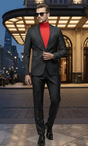 Mens One Button Peak Lapel Suit Black on Black
