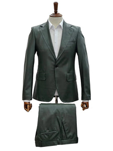 Mens 1 Button Slim Fit Leather Suit Olive