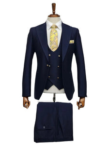 Giovanni Testi Navy Blue 3 Piece Suit – Slim Fit 1 Button Peak Lapel with Double Breasted Vest