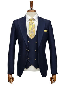 Giovanni Testi Navy Blue 3 Piece Suit – Slim Fit 1 Button Peak Lapel with Double Breasted Vest