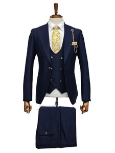Giovanni Testi Navy Blue 3 Piece Suit – Slim Fit 1 Button Peak Lapel with Double Breasted Vest