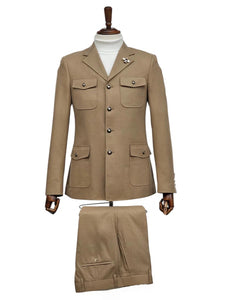 Mens Giovanni Testi Beige 2-Piece Suit – Slim Fit 4-Button Blazer with Patch Pockets