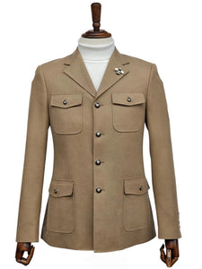 Mens Giovanni Testi Beige 2-Piece Suit – Slim Fit 4-Button Blazer with Patch Pockets