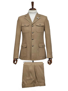 Mens Giovanni Testi Beige 2-Piece Suit – Slim Fit 4-Button Blazer with Patch Pockets